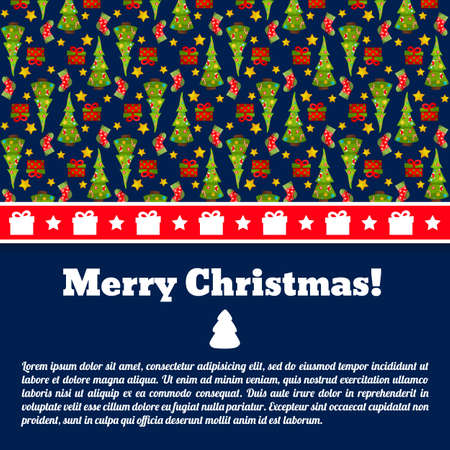 Dark blue merry christmas postcard with text field and fir trees pattern flat vector illustrationのイラスト素材