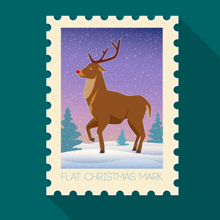 Festive Christmas flat mark with deer and winter landscape on dark turquoise background isolated vector illustrationのイラスト素材