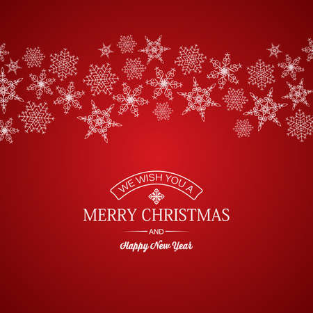 Festive Merry Christmas poster with greeting inscription and snowflakes of different shapes on red background vector illustrationのイラスト素材