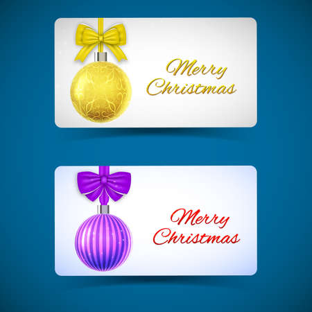 Winter Holidays horizontal banners with hanging yellow purple ornate Christmas baubles and ribbon bows isolated vector illustrationのイラスト素材