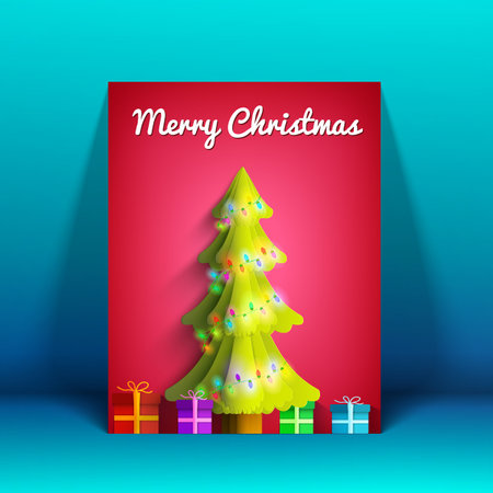 Merry Christmas greeting card with shiny fir tree light garland and colorful presents isolated vector illustrationのイラスト素材