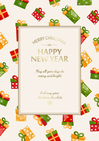 Bright Merry Christmas festive background with golden inscription in rectangular frame and colorful present boxes vector illustrationのイラスト素材