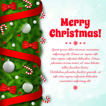 Festive holiday template with green fir branches greeting text ribbons bows Christmas baubles candies vector illustrationのイラスト素材