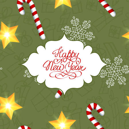 Happy New Year seamless pattern with greeting text in elegant frame candy snowflake and shiny star vector illustrationのイラスト素材