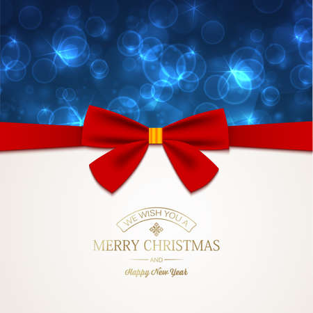 Happy New Year template with greeting inscription and red ribbon bow on light glowing starry blurred background vector illustrationのイラスト素材