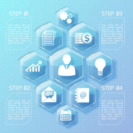 Business web design infographics with glass hexagons white icons and four options on blue background vector illustrationのイラスト素材