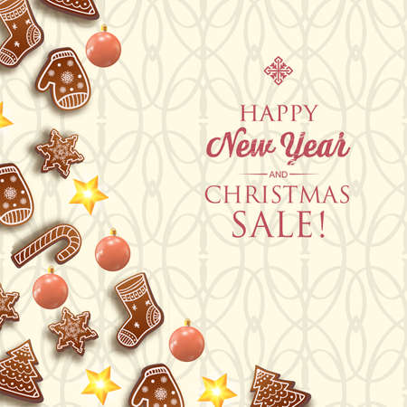 Merry Christmas festive template with greeting inscription and traditional symbols on light seamless pattern vector illustrationのイラスト素材
