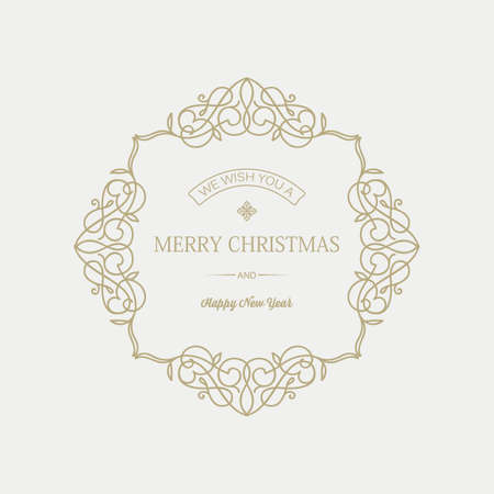 Happy New Year hand drawn template with greeting inscription in elegant frame isolated vector illustrationのイラスト素材