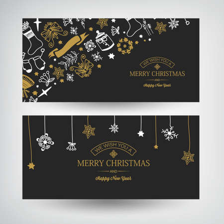 Winter holidays festive horizontal banners with greeting text and traditional Christmas symbols on dark background vector illustrationのイラスト素材