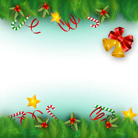 Flat background with christmas tree branches and different decorations vector illustrationのイラスト素材