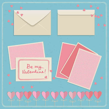 Cute valentine's day postcards and envelopes set in white and pink colors on blue background with hearts flat isolated vector illustrationのイラスト素材