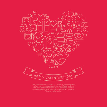 Red and white colored card with gigantic heart consisting of many similar envelopes, gifts, symbols and wishes with happy valentines day on the red background vector illustrationのイラスト素材