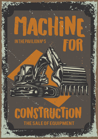 Poster design with illustration of machinery for bulding on dusty background.のイラスト素材
