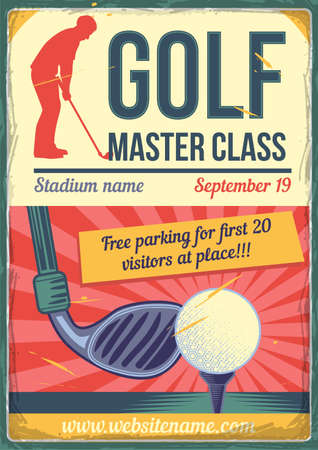 Advertising poster design with illustration of a golf club on dusty background.のイラスト素材