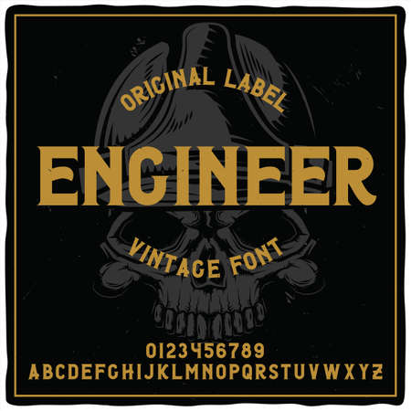 Vintage label typeface named "Engineer" with illustration of crane on background. Good handcrafted font for any label design.のイラスト素材