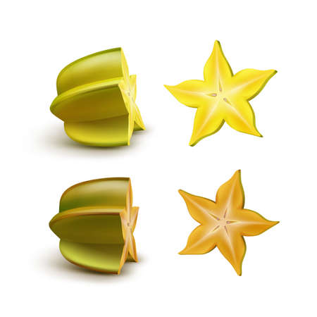 Vector sliced green, yellow, orange carambola isolated on white backgroundのイラスト素材