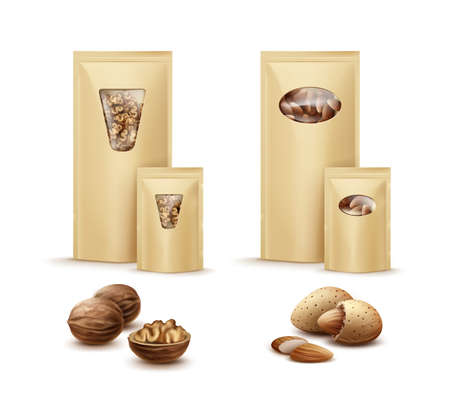 Vector blank sealed foil, plastic bags full of shelled walnuts and almonds side view isolated on white backgroundのイラスト素材