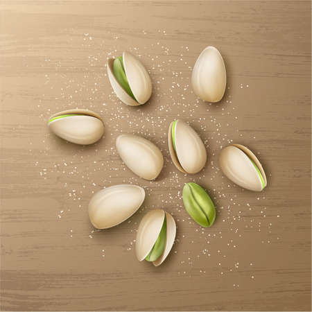 Vector realistic handful of whole and cracked pistachio nuts with salt top view isolated on wooden tableのイラスト素材