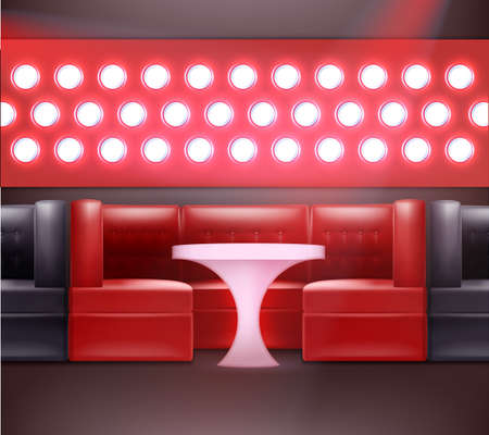 Vector night club interior in red, black colors with backlights, armchairs and illuminated tableのイラスト素材