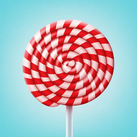 Vector big round spiral red and white lollipop on stick isolated on blue backgroundのイラスト素材