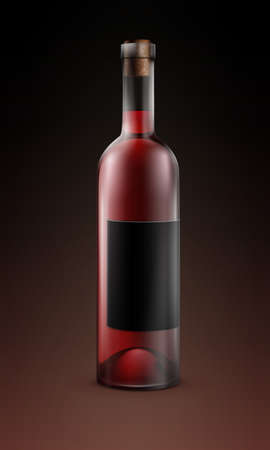 Vector transparent glass bottle of red wine with black label isolated on dark backgroundのイラスト素材