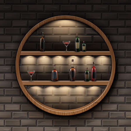 Vector brown round wooden shelves with backlights and glass bottles of alcohol isolated on dark brick wallのイラスト素材