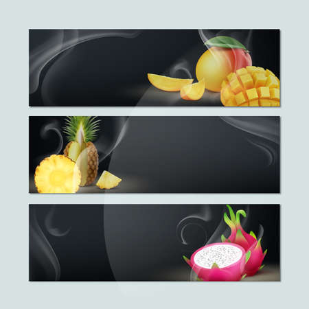 Vector set of empty banners with smoke, mango, pineapple, dragon fruit and black background for hookah tobacco advertisingのイラスト素材