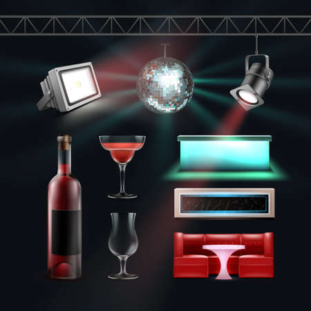 Vector night club set disco ball, bar counters, cocktail glass, bottle of wine, ceiling and floor spotlightsのイラスト素材
