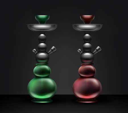 Two vector hookahs for tobacco smoking made of metal, red and green glass isolated on dark backgroundのイラスト素材