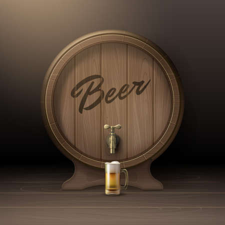 Vector old wooden barrel on rack with bronze stopcock and glass mug of beer front view isolated on backgroundのイラスト素材
