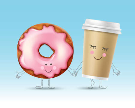 Vector donut and coffee cup characters with smiling faces holding handsのイラスト素材