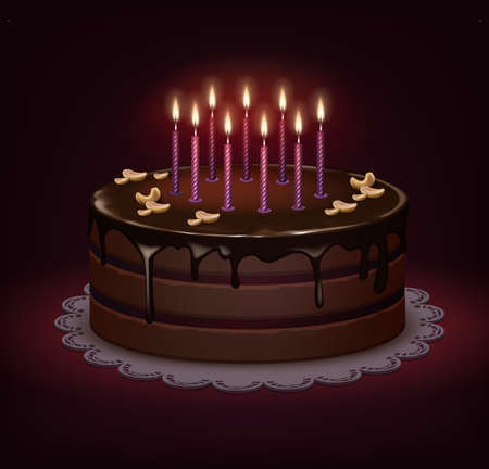 Vector birthday chocolate cake with icing, nuts and nine burning candles on dark backgroundのイラスト素材