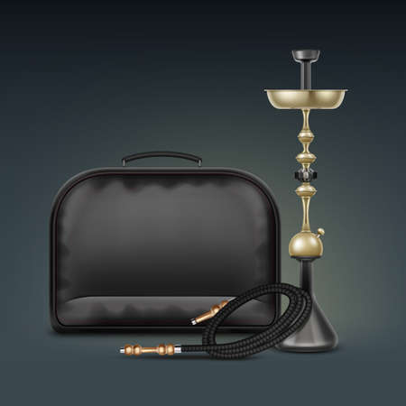 Vector golden nargile for tobacco smoking made of metal with coiled hookah hose and carrying case isolated on dark backgroundのイラスト素材