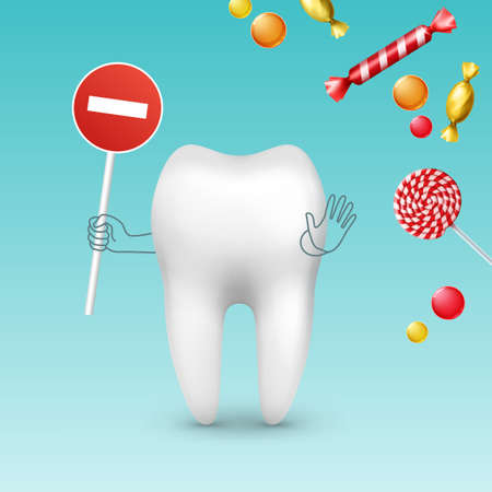 Vector tooth character with stop sign against diffrent sweets, bonbons and lollipopsのイラスト素材
