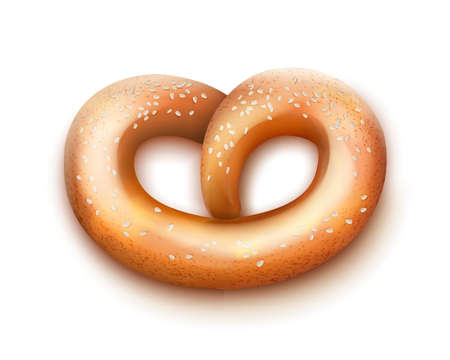 Vector single fresh baked pretzel with seeds top view isolated on white background