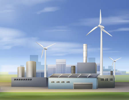 Vector illustration renewable energy and biofuel with use wind turbine and solar panels in industrial areaのイラスト素材