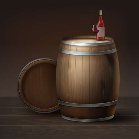 Vector wooden barrels of grapes wine with bottle and glass isolated on brown backgroundのイラスト素材