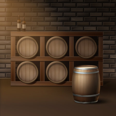 Vector wooden barrels for wine in winery cellar isolated on background bricks wallのイラスト素材