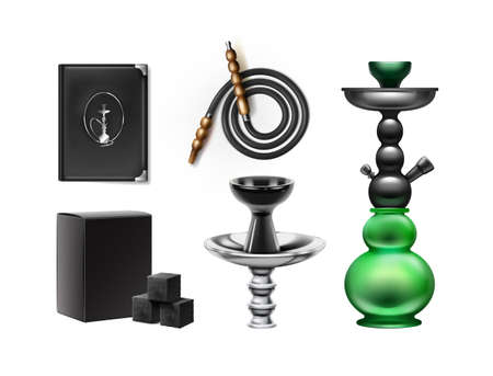 Vector set of hookah stuff stem, bowl, hose, menu holder, shisha tobacco and charcoal isolated on...