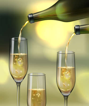 Vector champagne glasses and pouring from a bottles on bokeh backgroundのイラスト素材