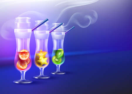 Vector set of hurricane glass cocktail hookahs with kiwi, carambola, kumquat, smoke and copyspace front view on blue backgroundのイラスト素材