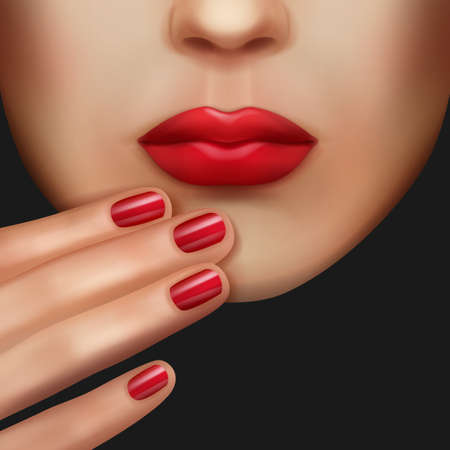 Vector illustration of concept makeup and manicure. Red nails and lipstick same color isolated on dark backgroundのイラスト素材