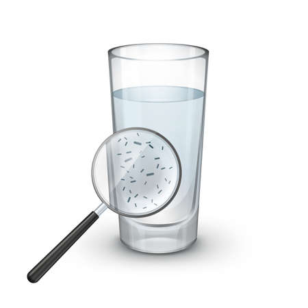 Vector glass of water with magnifier and microscopic bacteria on white backgroundのイラスト素材