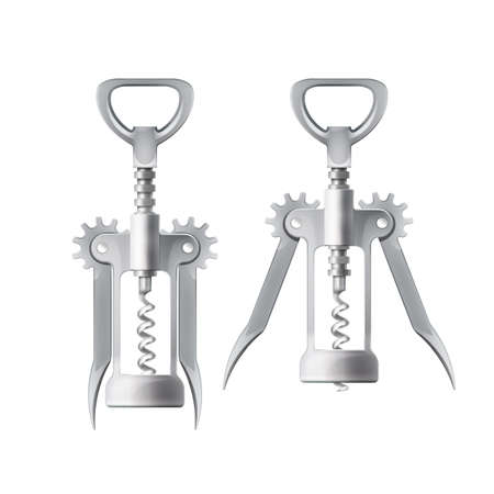 Vector metal wing corkscrew for opening wine bottles, with levers and gears on white backgroundのイラスト素材