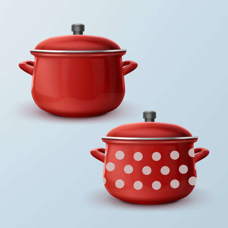 Vector red enamel saucepan with white dot and without. Isolated on backgroundのイラスト素材