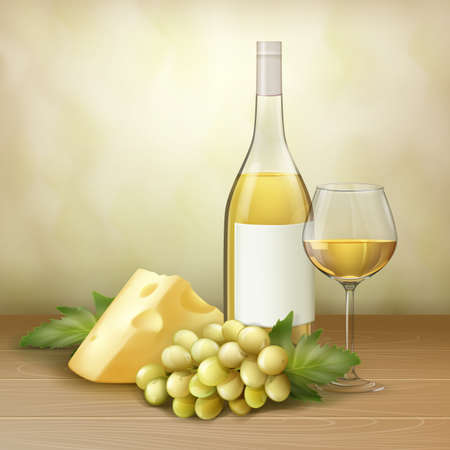 Vector bunch of white grape, bottle and glass of wine with cheese on wood table.のイラスト素材