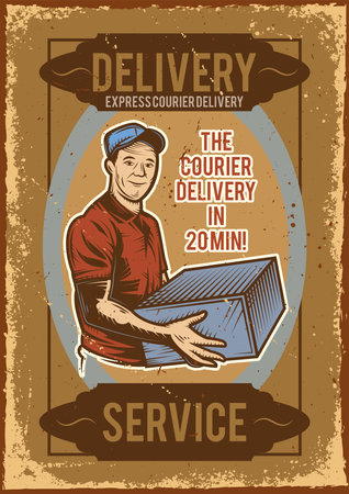 Advertising poster design with illustration of a delivery man.のイラスト素材