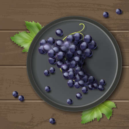 Vector bunch of grapes on plate with leaves, isolated on wooden background, top viewのイラスト素材