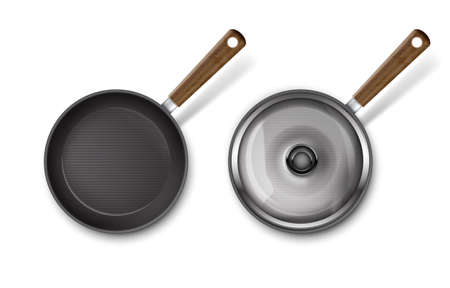 Vector illustration of frying pan with glass lid and without isolated on white backgroundのイラスト素材