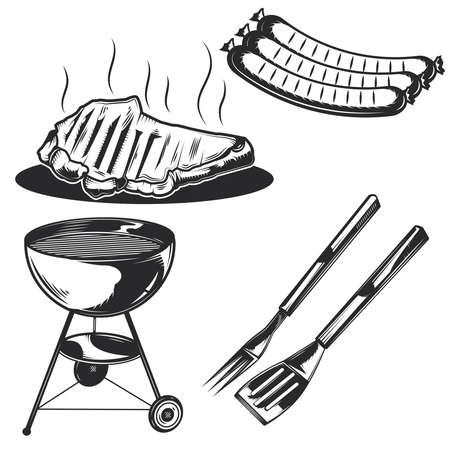 Set of bbq elements: grill, meat, fork, sausages for creating your own badges,   labels, posters etc. Isolated on white.のイラスト素材